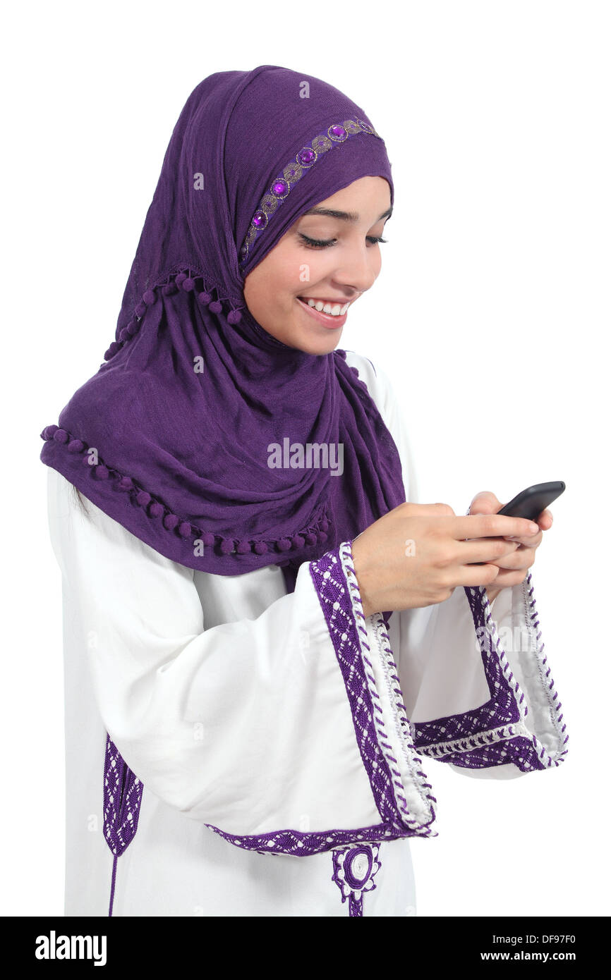Beautiful arab woman browsing her smart phone isolated on a white ...
