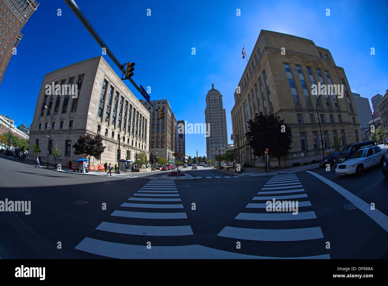 Fisheye view of Pedestrian crosswalk and city buildings in downtown Buffalo New York Stock Photo