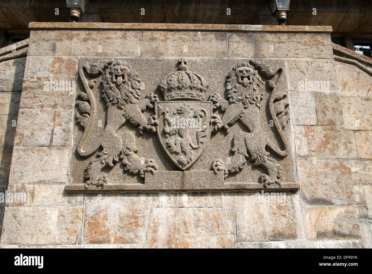 Royal crest in stone at Akershus Castle, Oslo, Norway Stock Photo