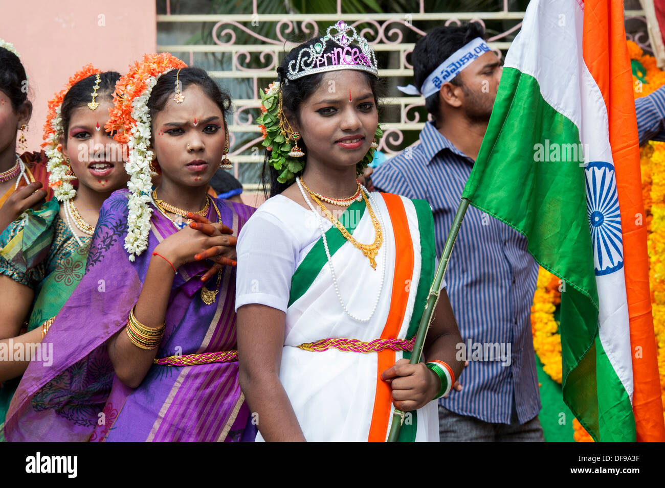 Indian girls dressed in traditional costumes at a protest rally. Puttaparthi, Andhra Pradesh, India Stock Photo