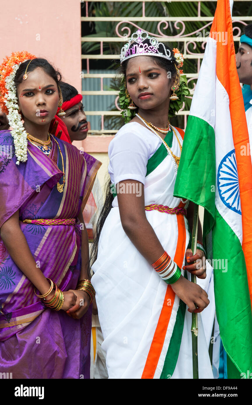 Indian girls dressed in traditional costumes at a protest rally. Puttaparthi, Andhra Pradesh, India Stock Photo