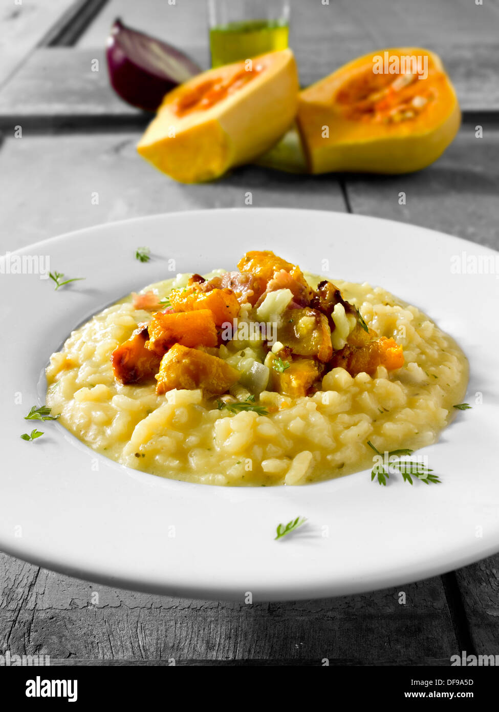 Roast Butternut squash on saffron risotto Stock Photo Alamy