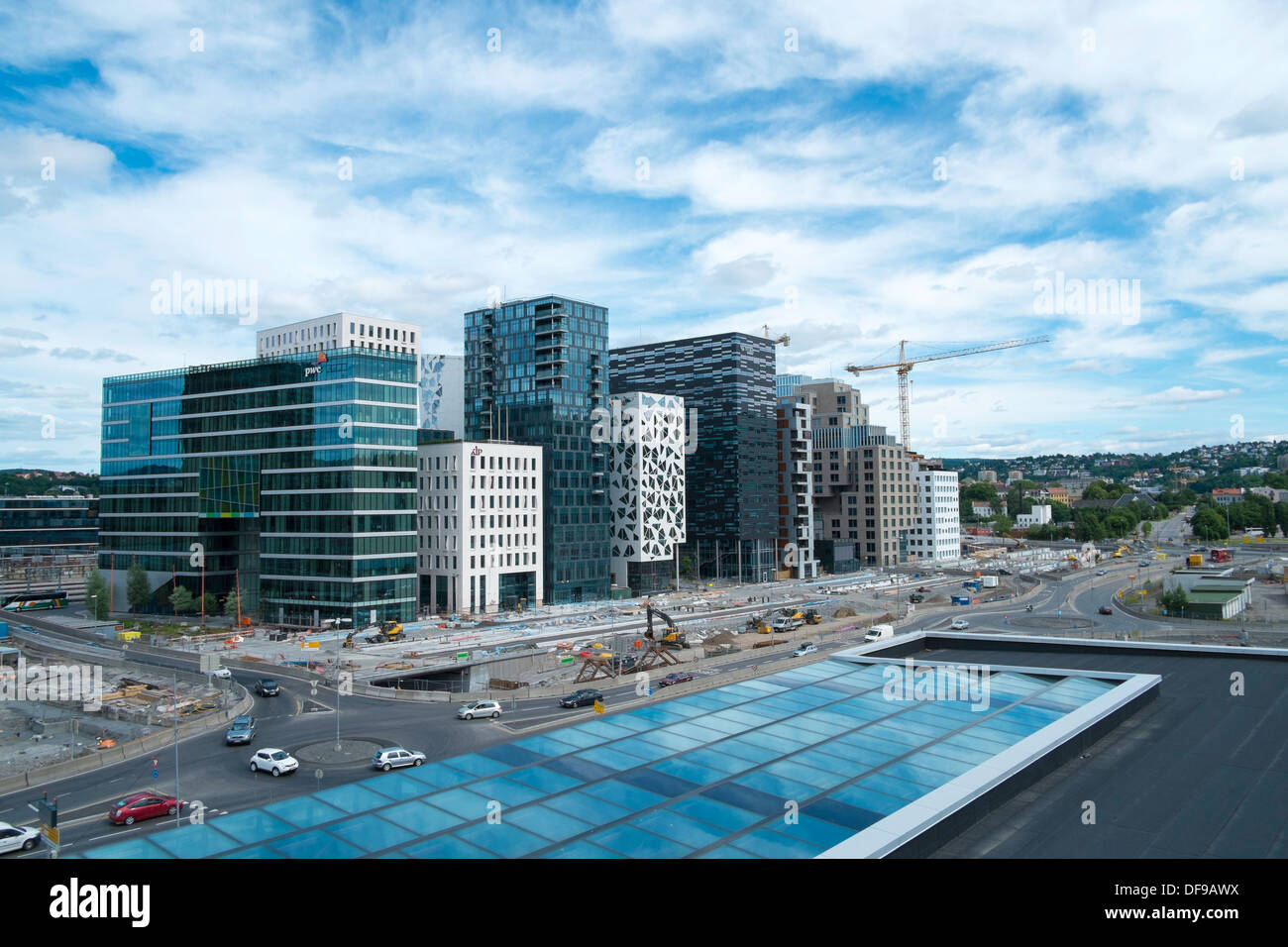 View of the new business district of Oslo from the new Oslo Opera House, Norway Stock Photo