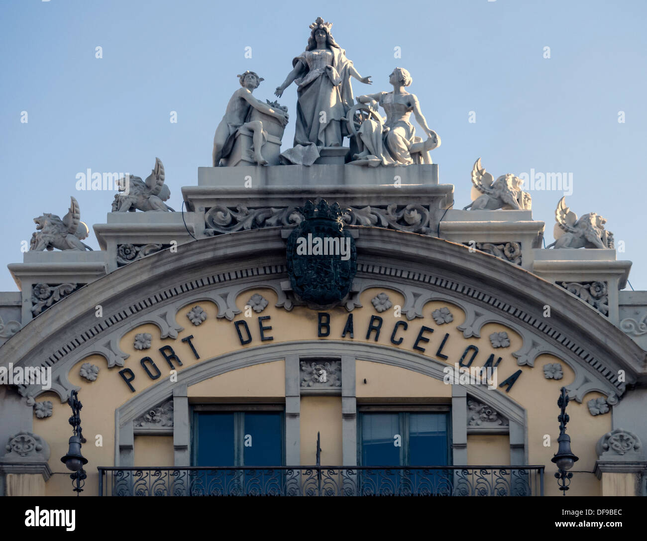 BARCELONA, SPAIN - SEPTEMBER 12, 2013:  Detail on the facade of the Old Port Authority Building in Port Vell Stock Photo