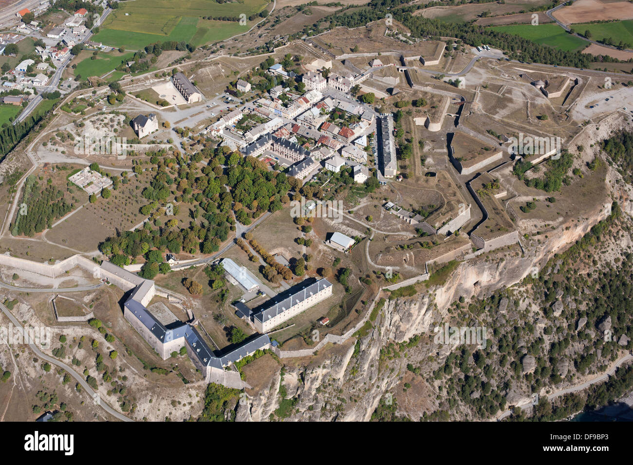 AERIAL VIEW. Fortifications of Mont-Dauphin. Guillestre, Hautes-Alpes, France. Stock Photo