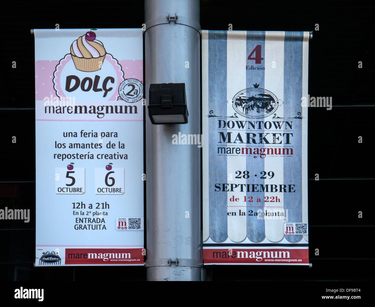 BARCELONA, SPAIN - SEPTEMBER 12, 2013: Advertising Sign Posters at the Maremagnum Stock Photo
