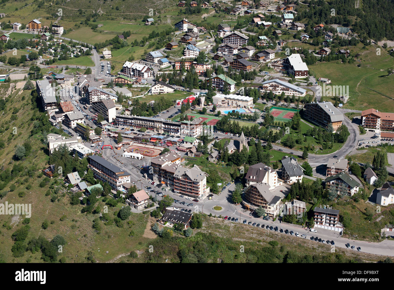 AERIAL VIEW. Ski resort of Auron in the summer. French Riviera's backcountry, Tinée Valley, France. Stock Photo