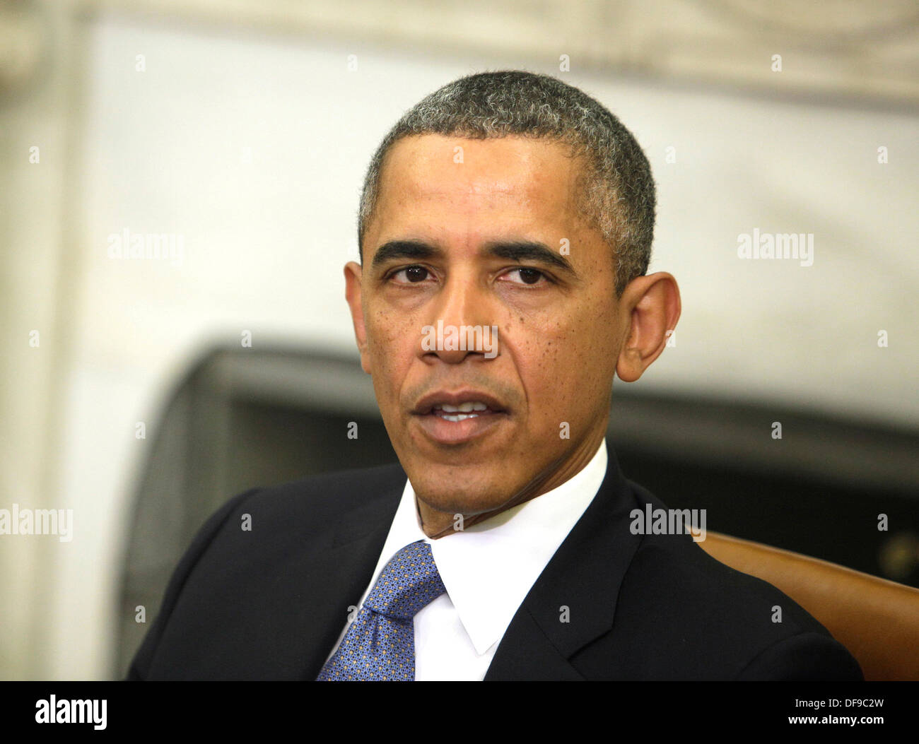 Washington, DC, USA. 30th Sep, 2013. U.S. President Barack Obama is pictured after meeting with Israeli Prime Minister Benjamin Netanyahu for bilateral talks at the White House in in Washington, DC, USA, 30 September 2013. Photo: Chris Kleponis / Pool via CNP/dpa/Alamy Live News Stock Photo