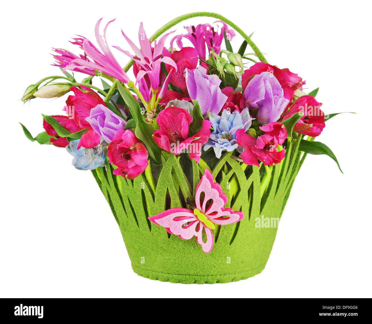 Colorful flower bouquet arrangement centerpiece in baby basket isolated on white background. Closeup. Stock Photo