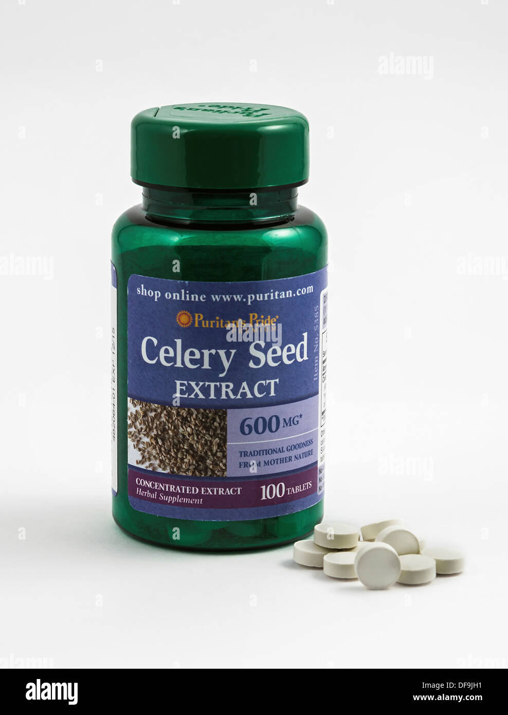 Celery seed extract tablets, a natural supplement often used to help high blood pressure. Stock Photo