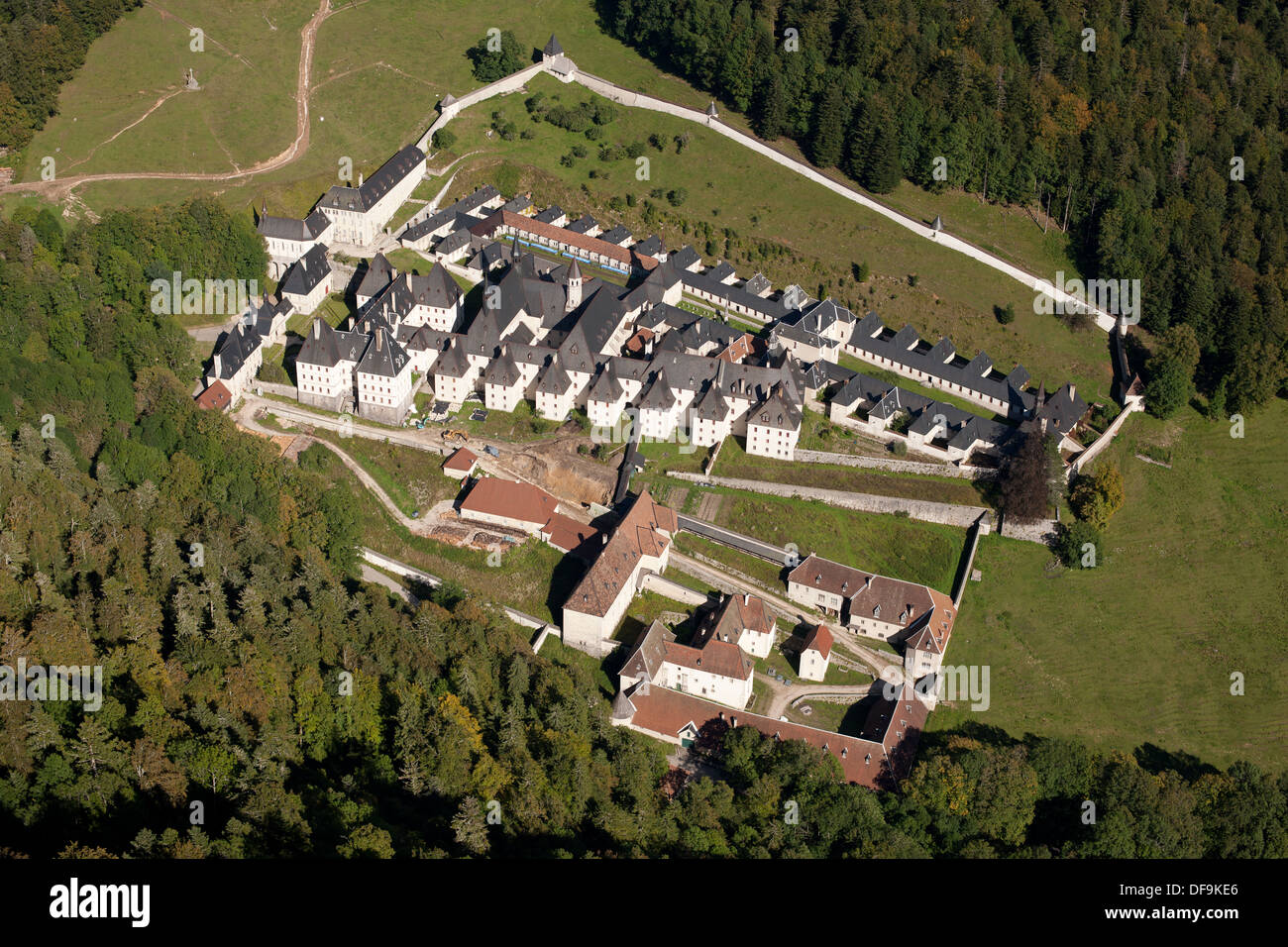 AERIAL VIEW. Grande Chartreuse Monastery. Saint-Pierre-de-Chartreuse, Isère, Auvergne-Rhône-Alpes, France. Stock Photo