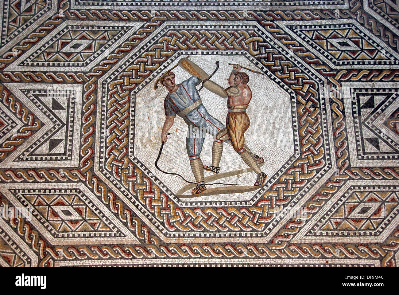Fighters - detail from Roman mosaic floor, Mosel valley, Nennig, Saarland,Germany. Stock Photo
