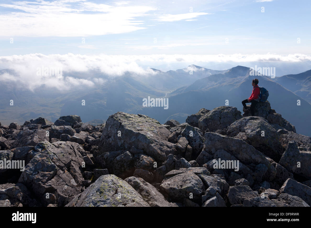 woman sitting at top of ben nevis enjoying the view Stock Photo