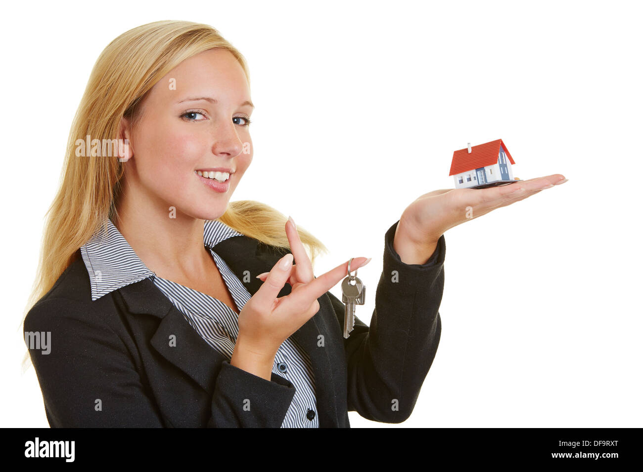 Happy business woman offering a small house and keys on her hand Stock ...