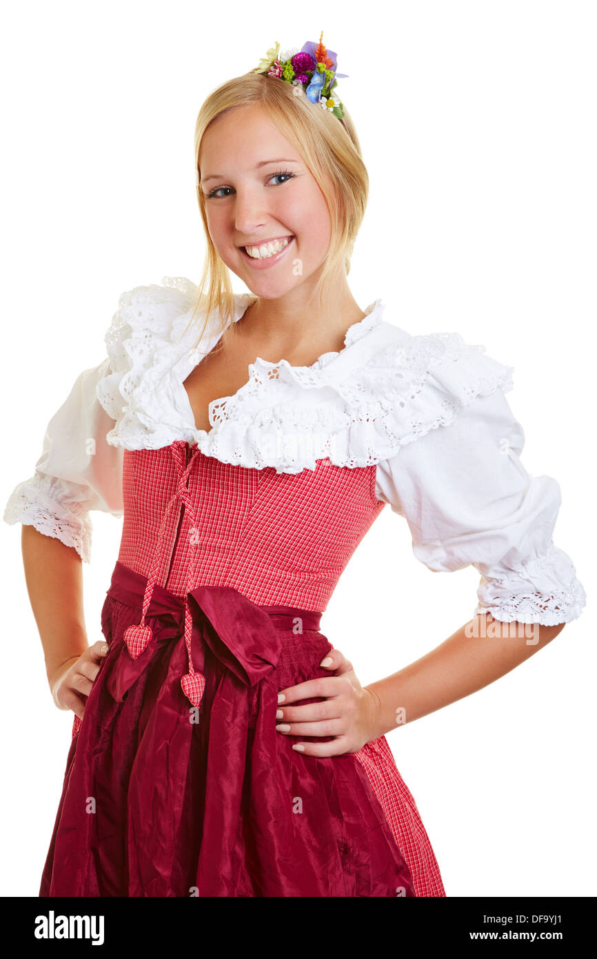 Happy bavarian woman smiling in a dirndl Stock Photo - Alamy