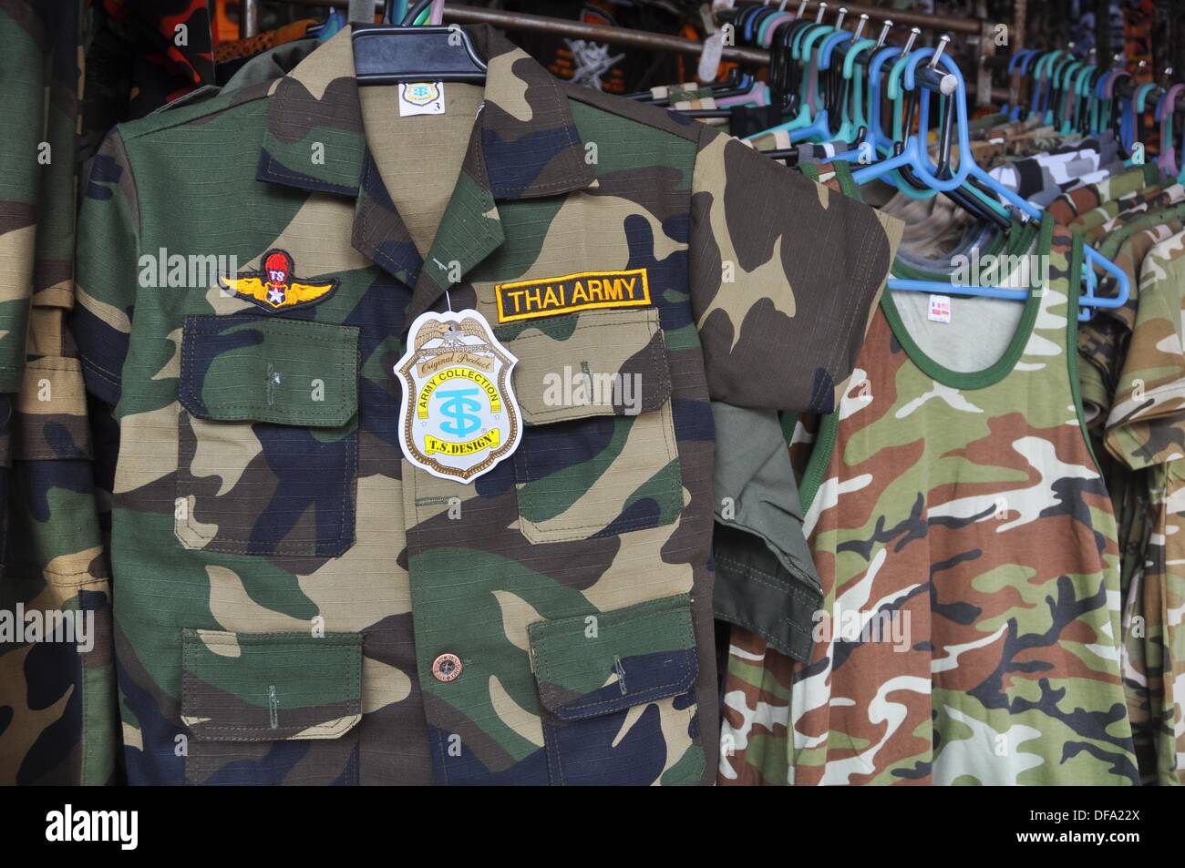 Bangkok (Thailand) Thai Army clothes sold at the Weekend Market Stock