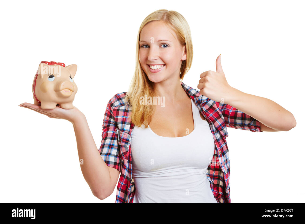 Blond young woman with a piggy bank holding her thumbs up Stock Photo ...