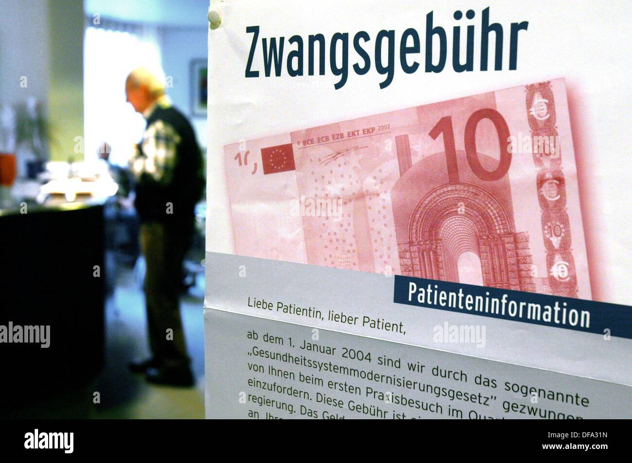 An information sheet for patients explains the practice charge which was introduced on 01 January 2004. The photo was taken in an eye specialist's practice near Hannover on 02 December 2003. Stock Photo