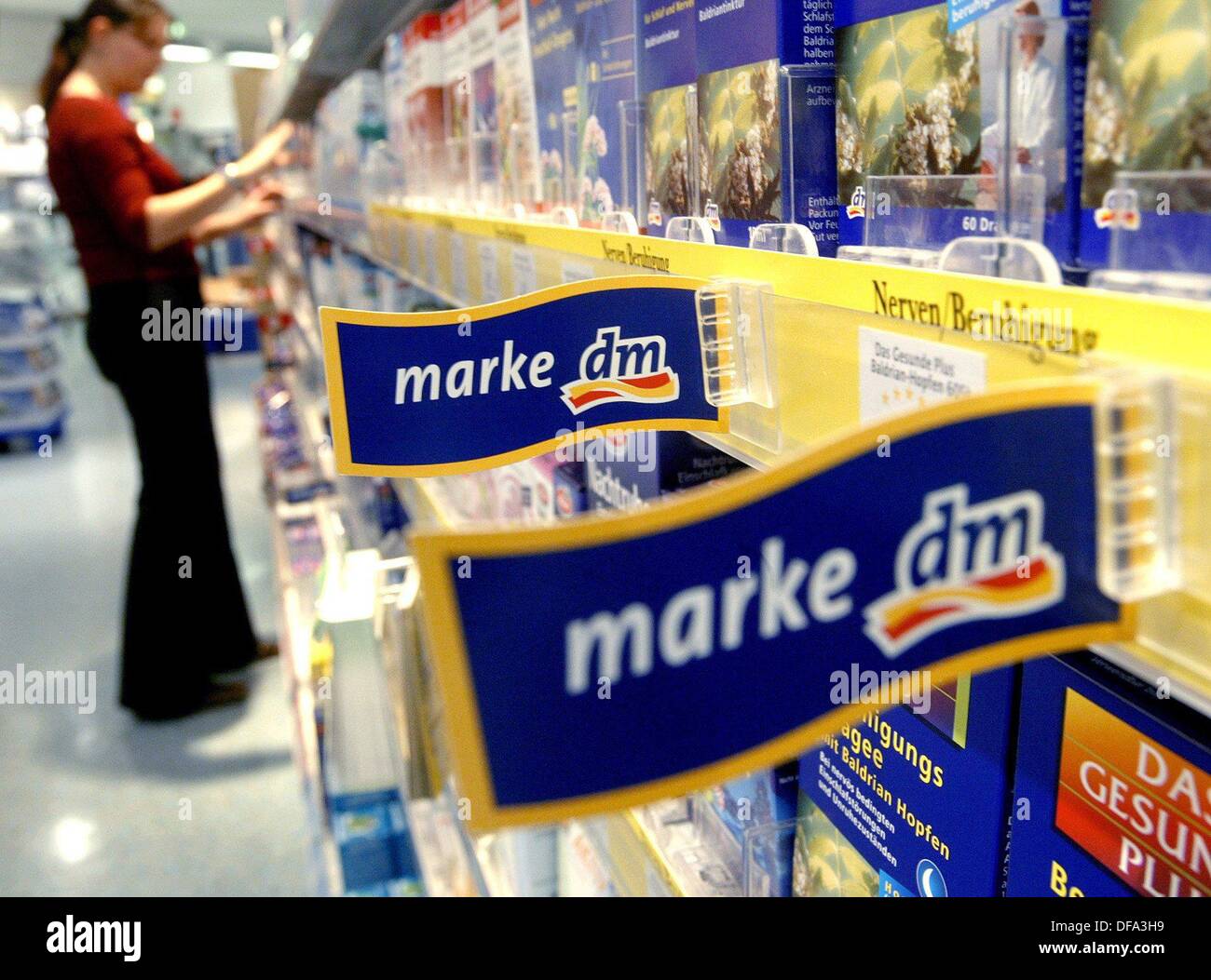 The shelf in a shop of the drugstore chain dm in Karlsruhe on 21 October 2003. The chain dm grows noticably. In the financial year 2002/03 (30 September), dm increased its turnover by 9,8 percent to 2,86 billion euro. Stock Photo