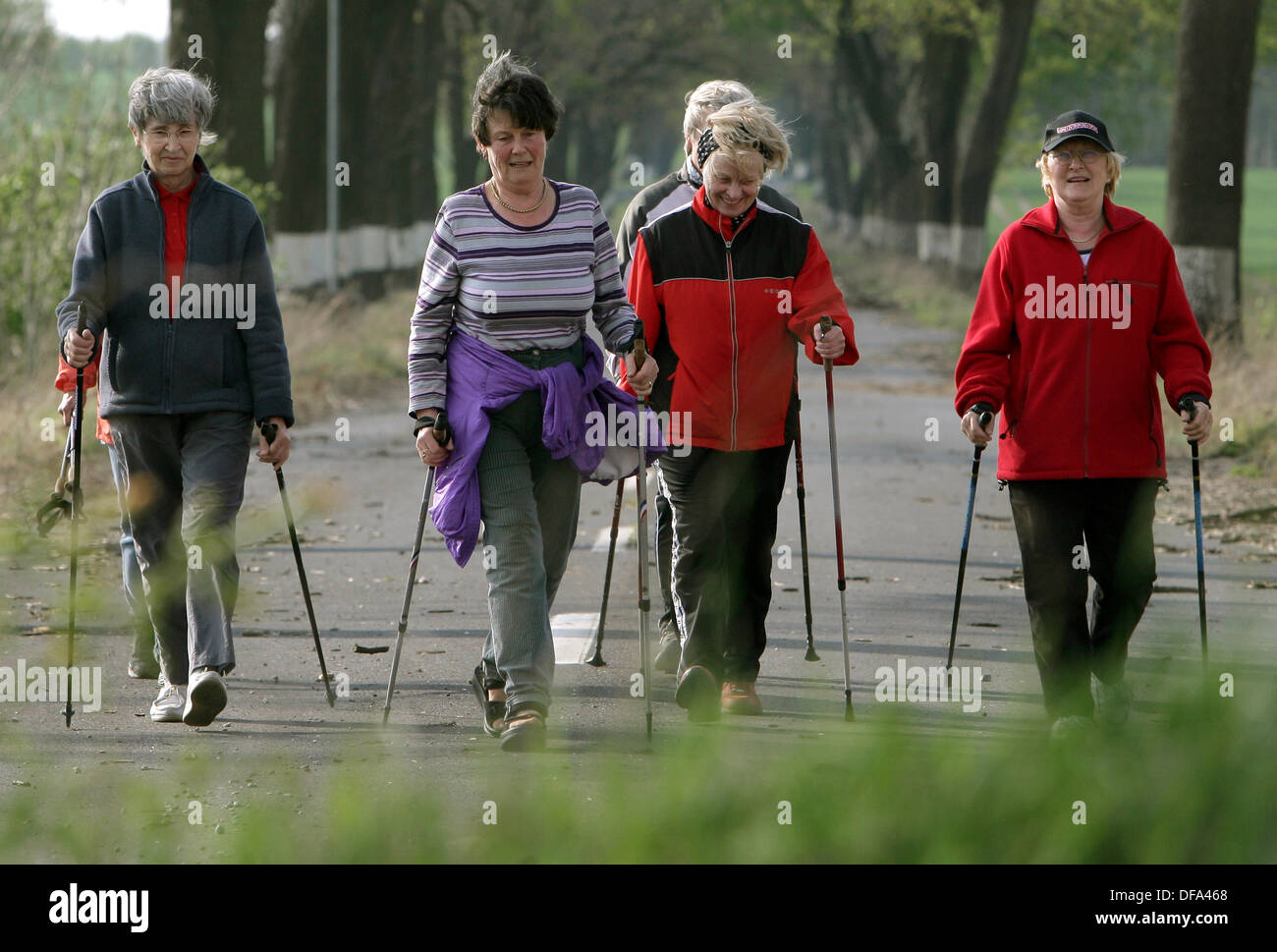 A group of elderly women is walking with nordic walking sticks on the 19th of April in 2007. Stock Photo