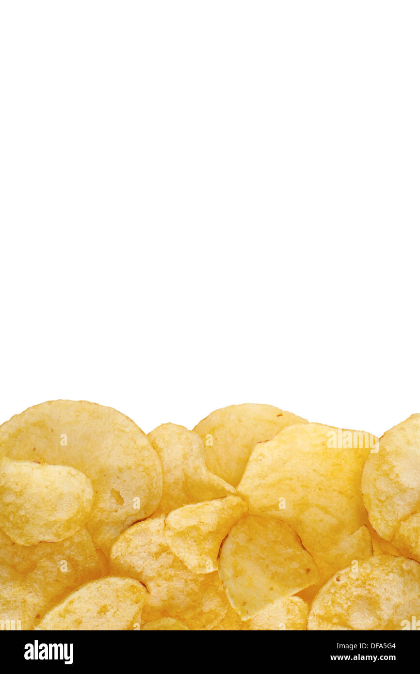 A selection of salted crisps on a white background. Stock Photo