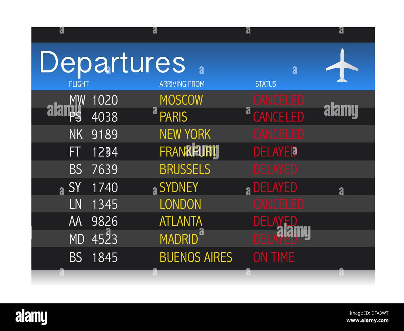 Airport crisis departure table - delayed and cancelled flights Stock Photo