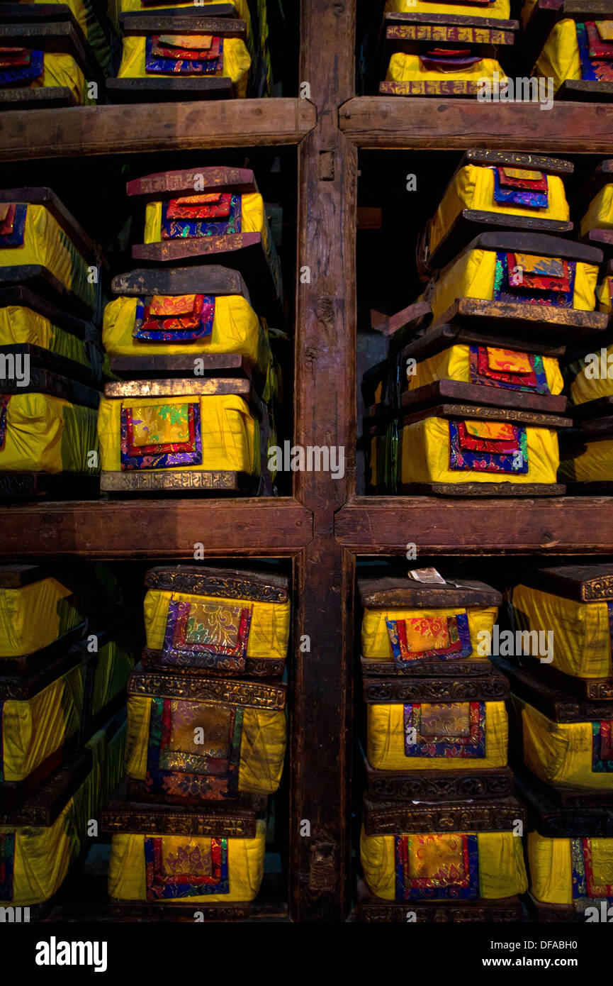 Ancient scriptures in Library of Palcho Monastery, Gyantse, Tibet Stock Photo