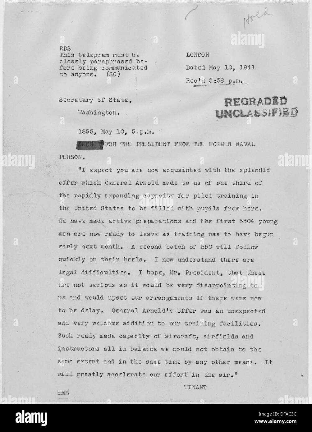 A letter from Winston Churchill to Franklin D. Roosevelt in 1949 ...