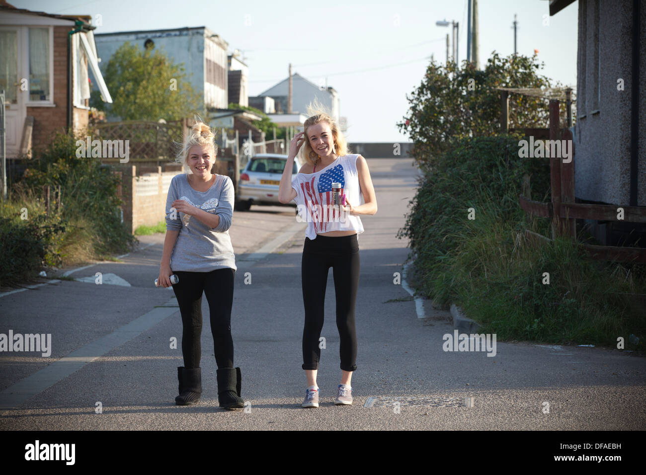 Teenage girls in Jaywick, Brooklands Estate, Essex coastal town, considered the most deprived community in England, UK Stock Photo