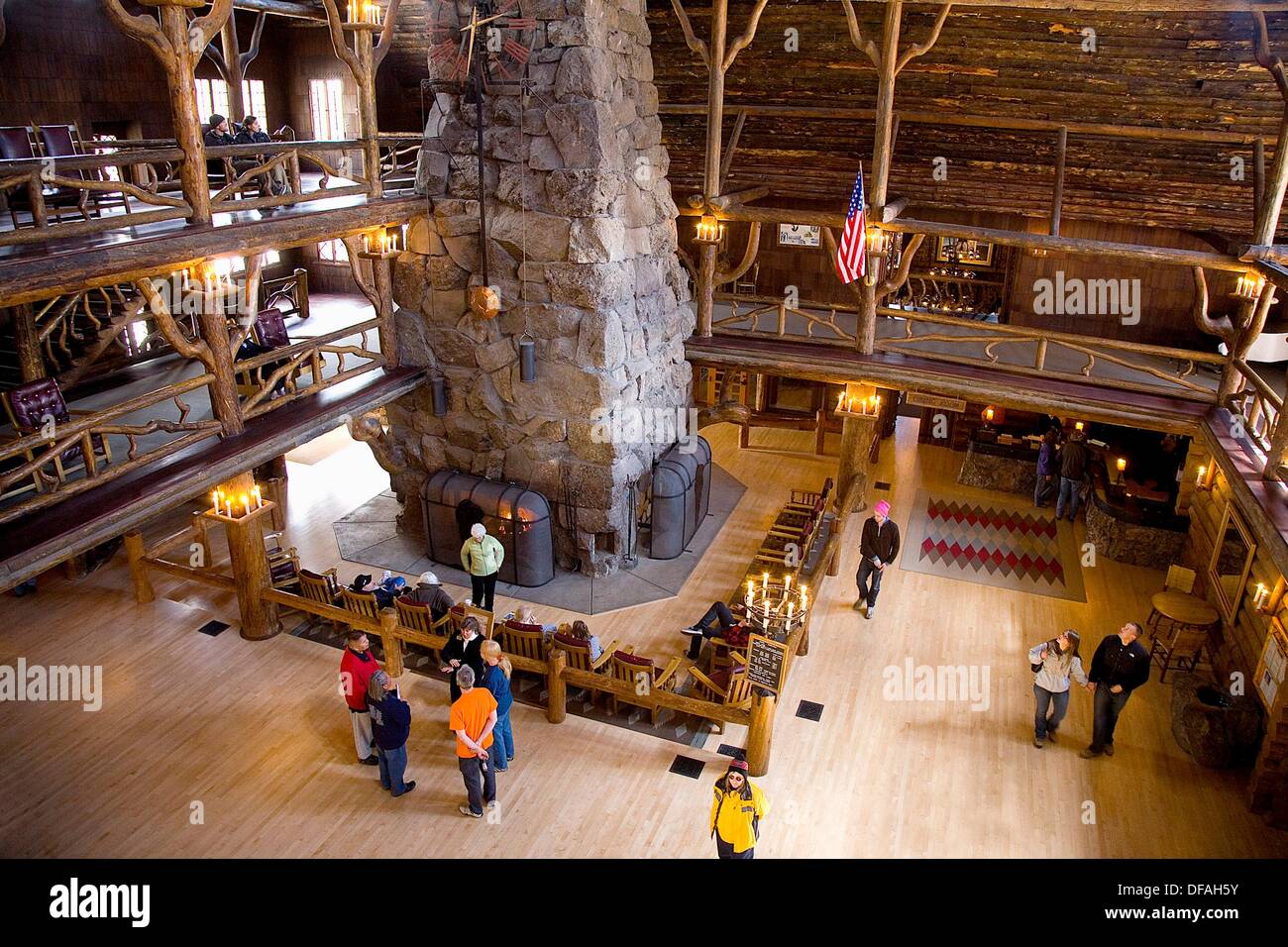 The fireplace at The Old Faithful Inn dominates the lobby at