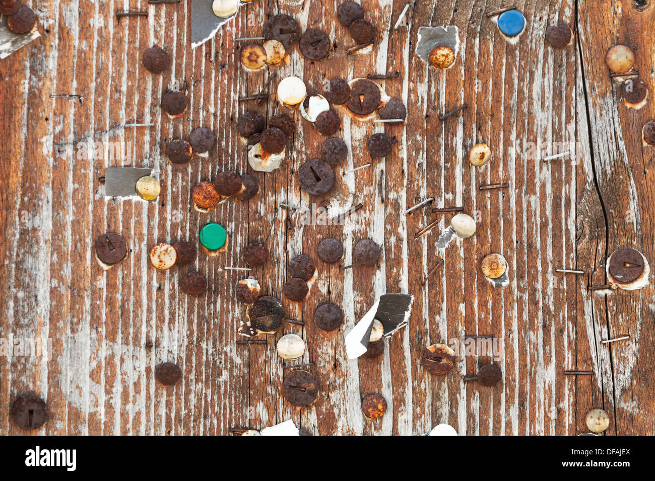 Empty vintage ad wooden billboard texture with rusted pushpins Stock Photo
