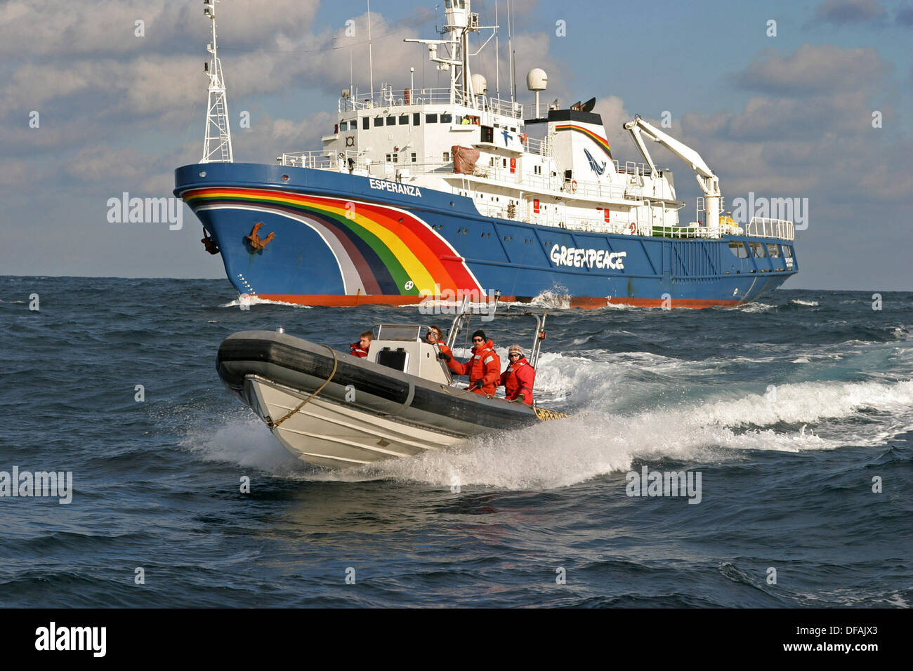 English Channel The Greenpeae campaign vessel MV Esperanza in the English Channel. Stock Photo