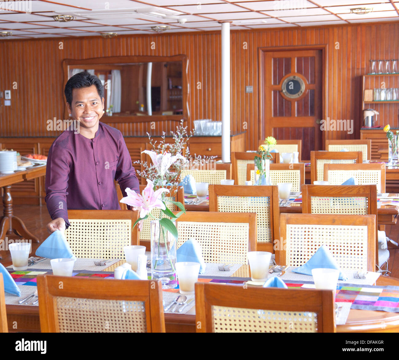Dining room in Mekong River Cruise Ship Stock Photo