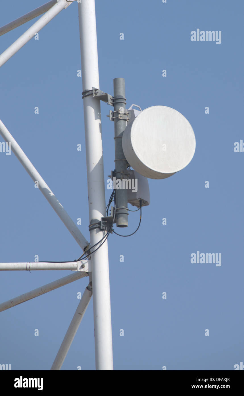 Microwave antenna / dish on blue background demonstrating modren