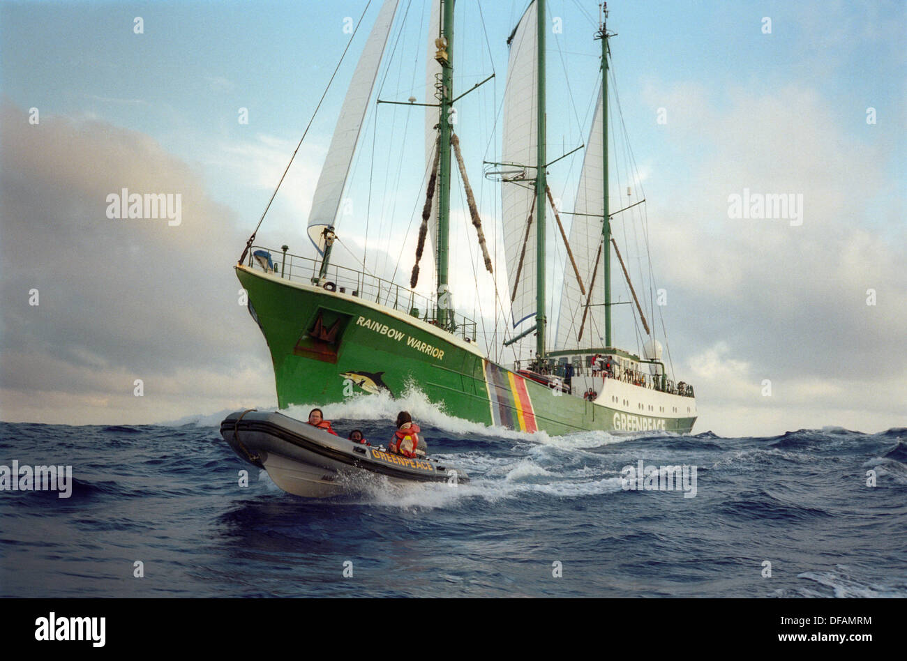 RAINBOW WARRIOR II en route to Moruroa atoll to protest against French nuclear testing. Stock Photo