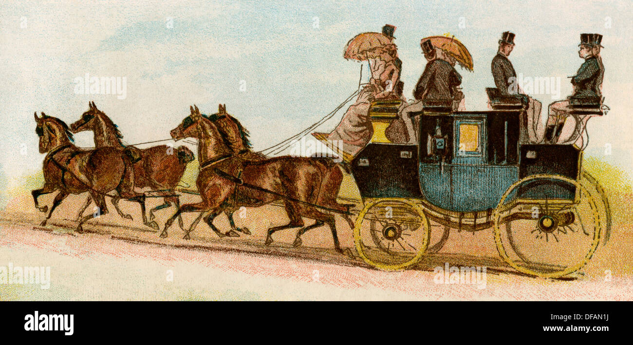 Coach and four horses of an upper class family, London, 1880s. Color lithograph Stock Photo