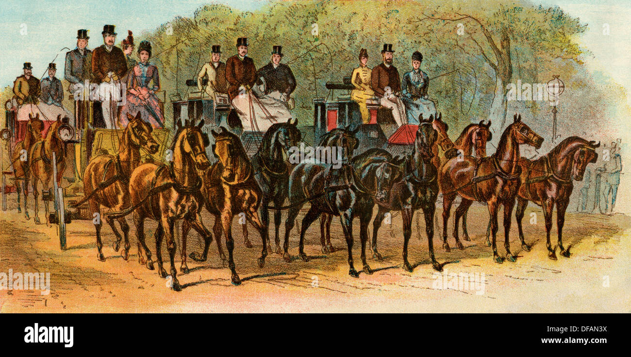 Coach and four horses of upper class Londoners, 1880s. Color lithograph Stock Photo