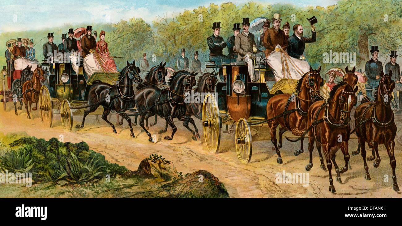 Coach and four horses of upper class Londoners, 1880s. Color lithograph Stock Photo