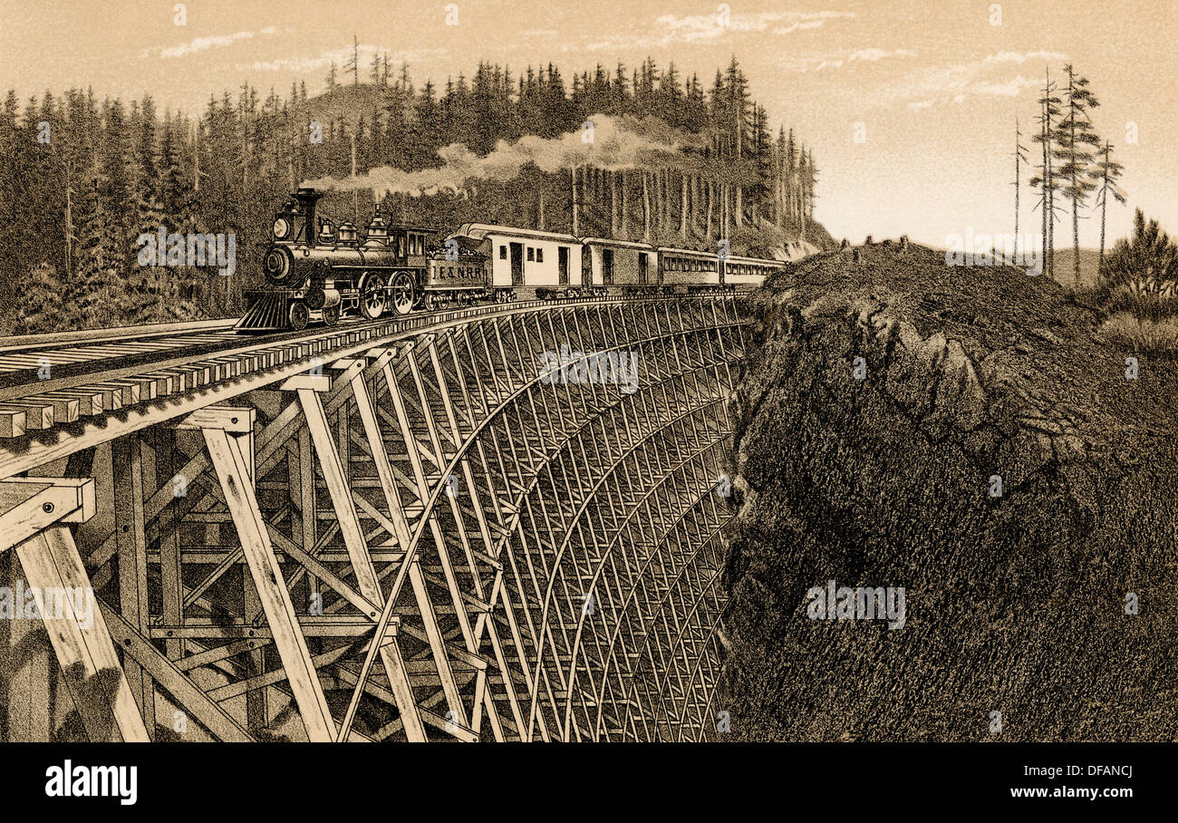 Island Railway crossing Arbutus Canyon, British Columbia, 1800s. Engraving of a photograph Stock Photo