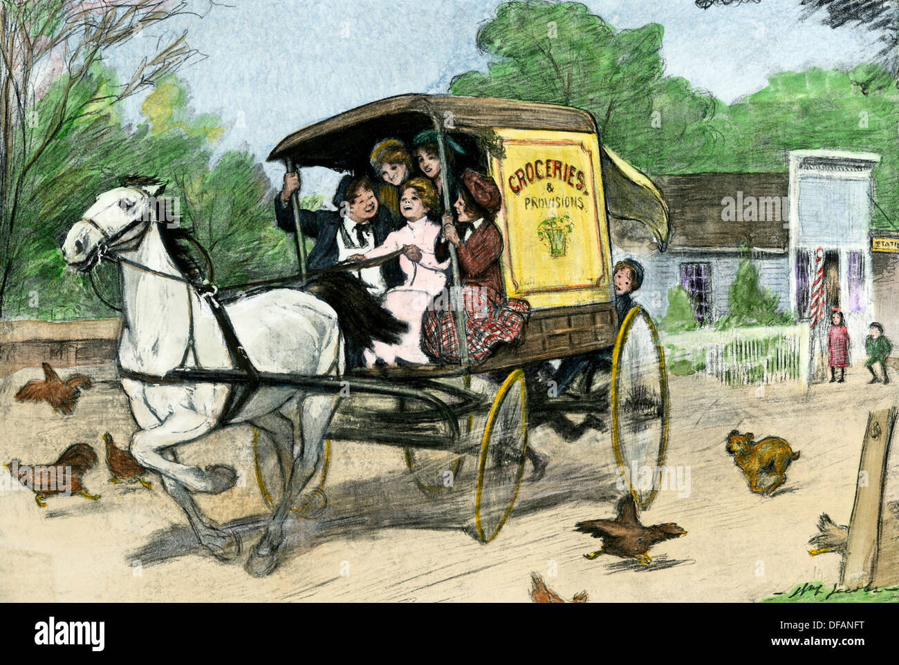 Young joy-riders racing a horse-drawn grocery wagon through a village, early 1900s. Hand-colored woodcut Stock Photo