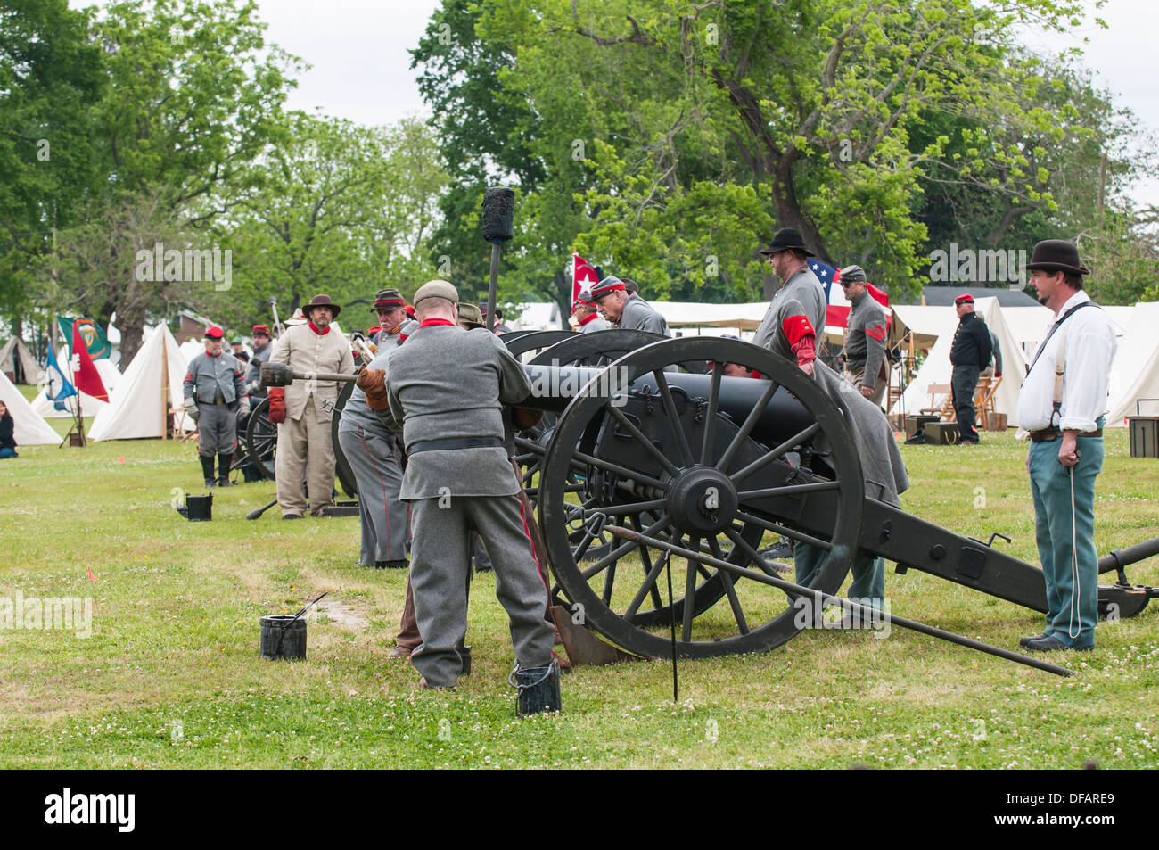 Confederate artillery unit cannon action Thunder on the Roanoke American Civil War reenactment Plymouth, North Carolina, USA. Stock Photo