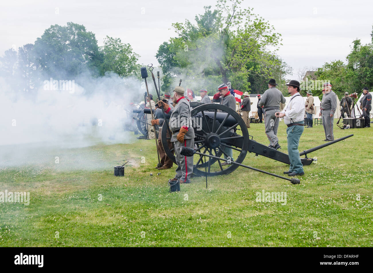 Confederate artillery unit cannon action Thunder on the Roanoke American Civil War reenactment Plymouth, North Carolina, USA. Stock Photo