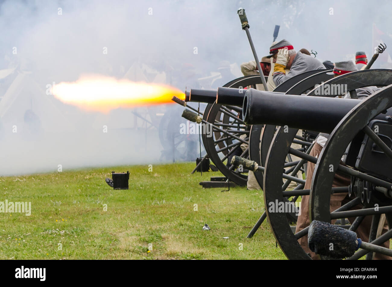 Confederate artillery unit cannon action Thunder on the Roanoke American Civil War reenactment Plymouth, North Carolina, USA. Stock Photo