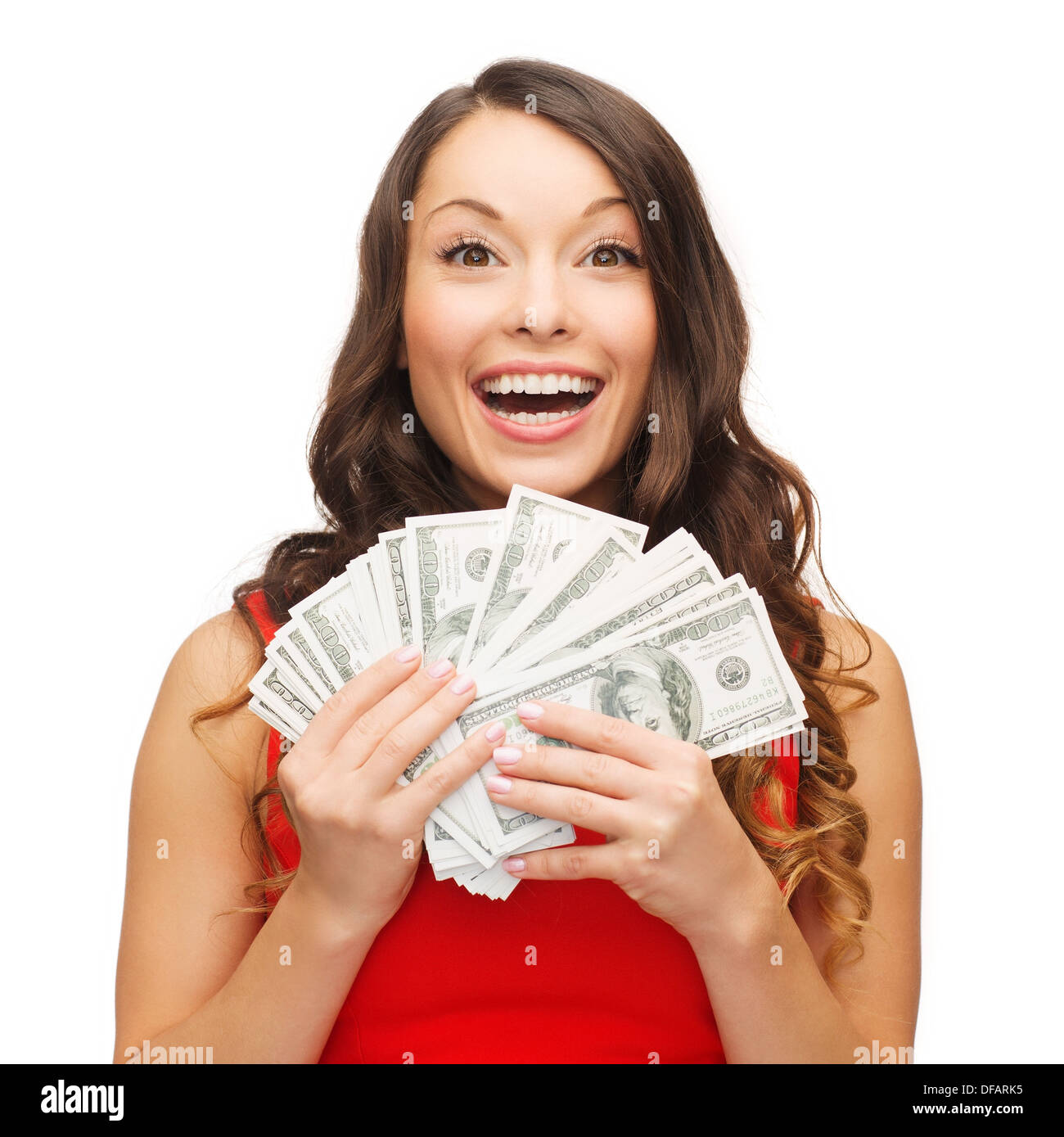 woman in red dress with us dollar money Stock Photo