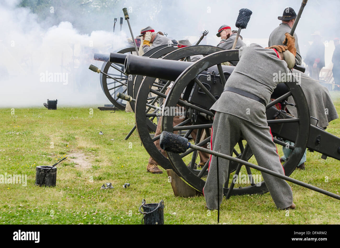 Confederate artillery unit cannon action Thunder on the Roanoke American Civil War reenactment Plymouth, North Carolina, USA. Stock Photo