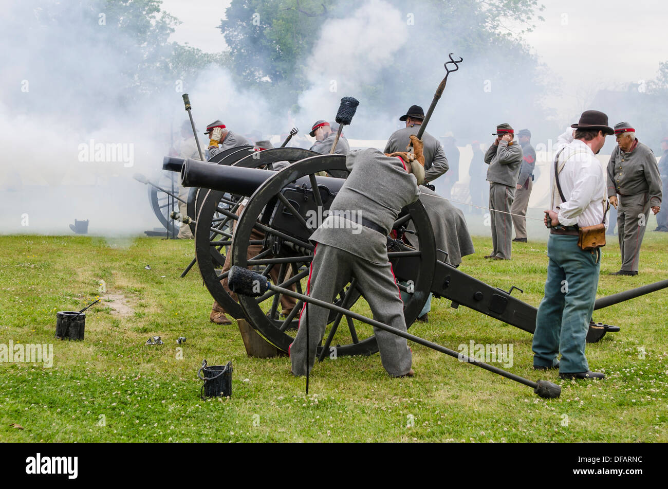 Confederate artillery unit cannon action Thunder on the Roanoke American Civil War reenactment Plymouth, North Carolina, USA. Stock Photo