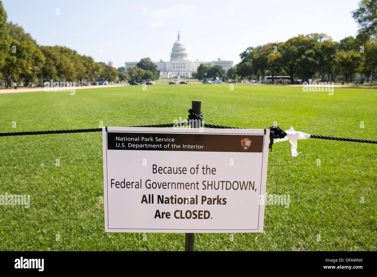 Washington DC, USA. 01st Oct, 2013. A portion of the National Mall with the United States Capitol Building in the background is closed due to the government shutdown on October 1, 2013 in Washington, DC. The US Federal Government shut down at midnight after Congress was unable to pass a funding bill over a dispute to defund Obamacare. Credit:  Kristoffer Tripplaar/Alamy Live News Stock Photo