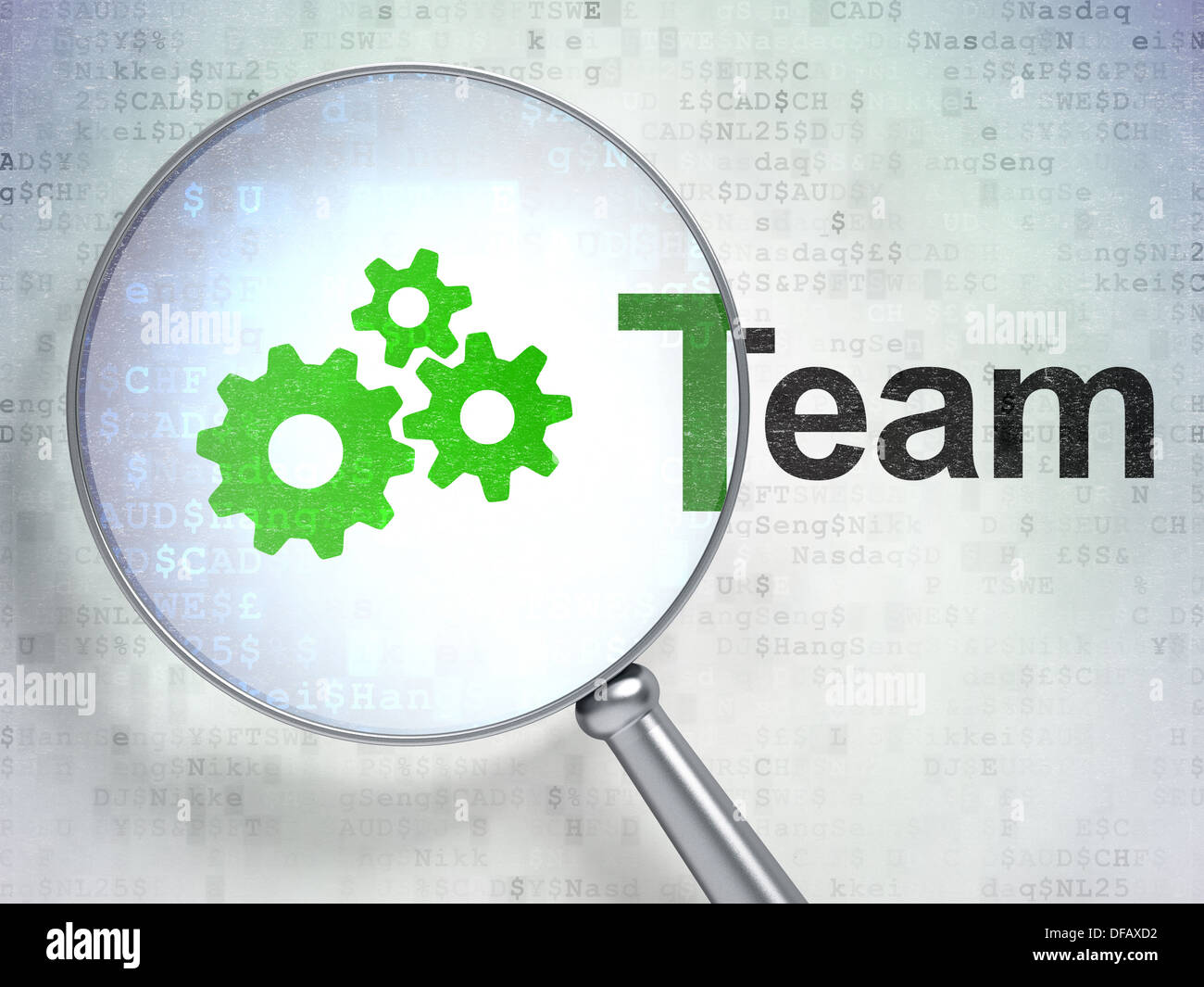 Business concept: Gears and Team with optical glass on digital b Stock ...