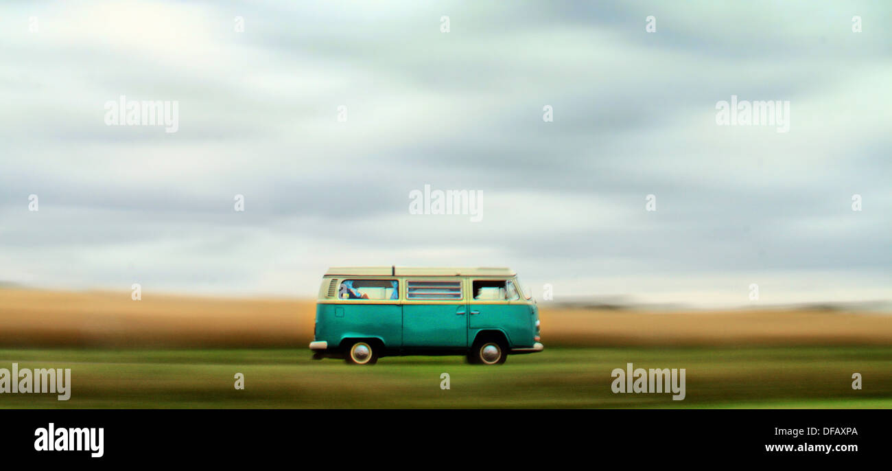 VW camper van against blurred background Stock Photo