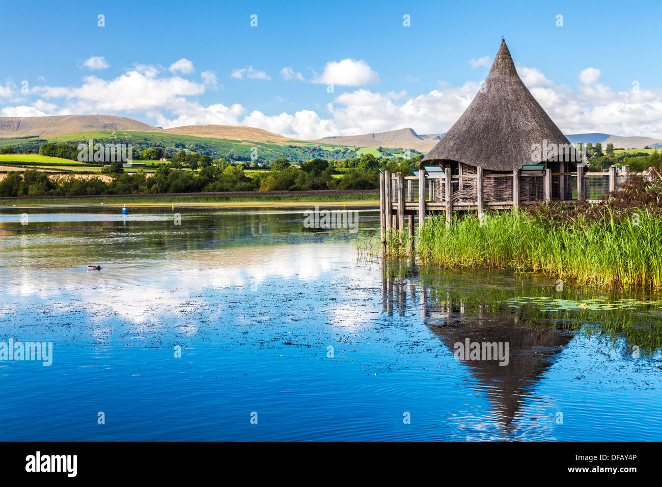 Llangors Lake in the Brecon Beacons National Park, Wales with the crannog on the right. Stock Photo